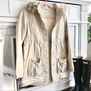 H&M Khaki Beige Drawstring Anorak Parka Fur Hood